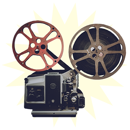 Vintage film projector with yellow starburst shape behind it