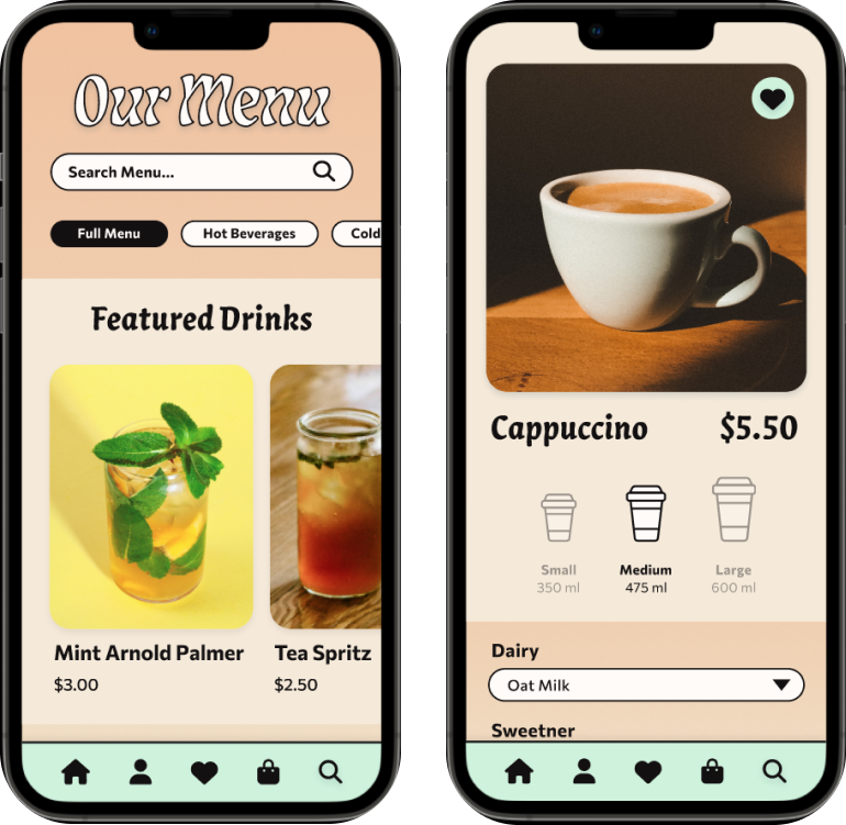 Mock-up of two smart phone screens showing coffee ordering app menu screen and item screen