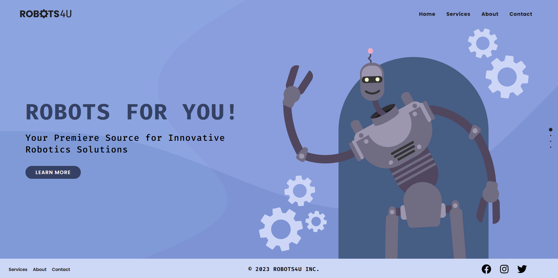 Screenshot of desktop website with a large title that reads "Robots For You!" over a light blue background and waving cartoon robot.