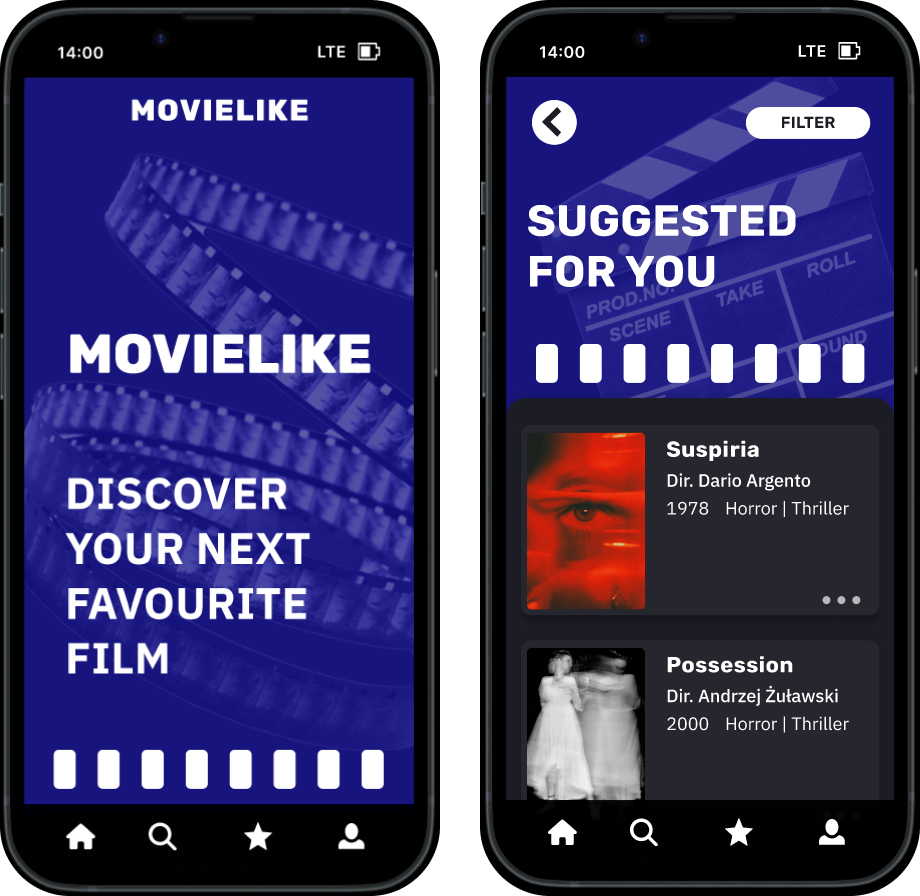 Mock-up of two smart phone screens showing Movielike app landing screen and suggested films screen